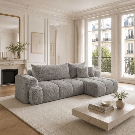 EVELIO - Canapé d'angle droit convertible 4 places en tissu bouclette - 265 cm - Gris (1/4)
