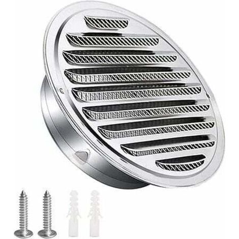 Grille aération VMC，Grille d'aération en acier inoxydable 125mm avec vis et chevilles Protection contre les intempéries Lamelles avec moustiquaire et boucle Grille d'évacuation d'air ronde Visser et b