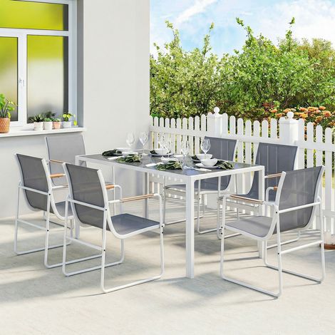 Salon de jardin extérieur 6 personnes,Ensemble table et chaises de jardin avec table en verre trempé et 6 chaises respirantes pour terrasse ou patio,Blanc et gris (1/5)