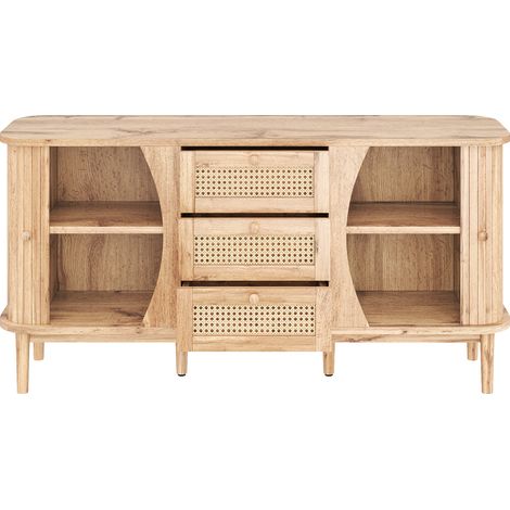 Aparador con 2 Puertas Correderas, 3 Cajones de Ratán, Estantes Ajustables, Tablero Redondeado, Estilo Natural, 140,5×40×76 cm (1/5)