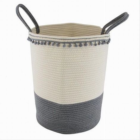 Trade Shop - GRAUER WÄSCHEKORB AUS POM-PON-SEIL MIT GRIFFEN 35X45CM 10672 -