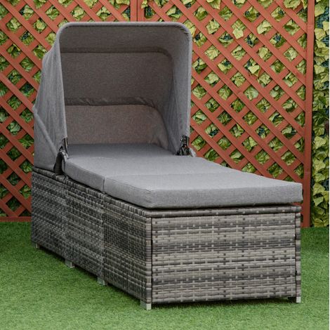 Tumbona de ratán PE con parasol ajustable y cojín gris 195 x 65 x 40 cm OKMYHOME (1/5)