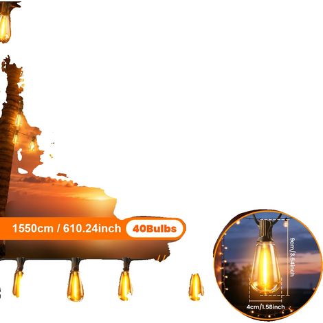 Guirnalda de luces LED solares, brillo ajustable, diseño resistente a la intemperie, 15,5 m, 40 bombillas. (1/2)