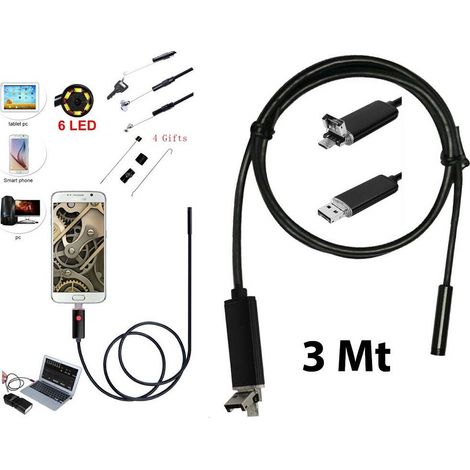 Trade Shop - Telecamera Endoscopica 6 Led Tubo Flessibile Usb 3 Mt Impermeabile Ispezione - (1/5)