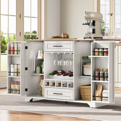 Îlot de cuisine avec rangement 138x70x92 cm en MDF blanc, gain de place pour cuisine FloraGrace (1/5)