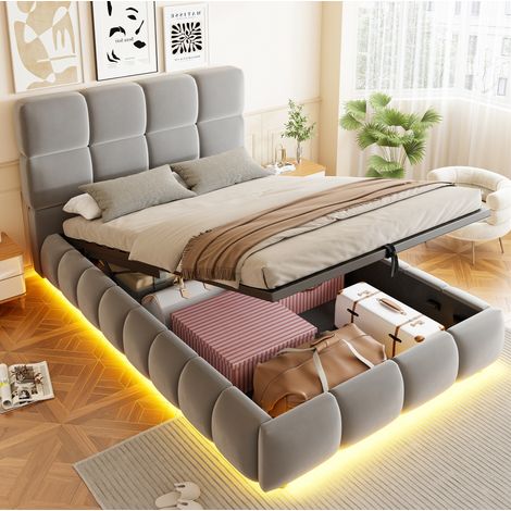 Letto contenitore per bambini 90x200 cm con illuminazione a LED, vano contenitore idraulico, testiera imbottita, velluto grigio (1/5)
