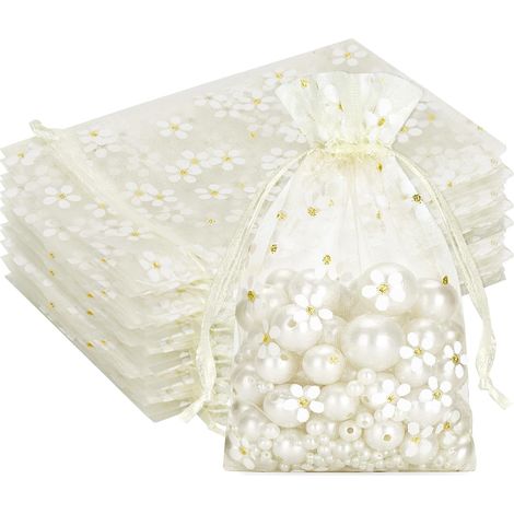 Sachet Organza Beige aux Marguerites: Pochette Organza 10x15 cm, 30 Pièces Sac à Bijoux Idéaux pour les Dragées, Mariages, Baptême et Anniversaires (1/5)