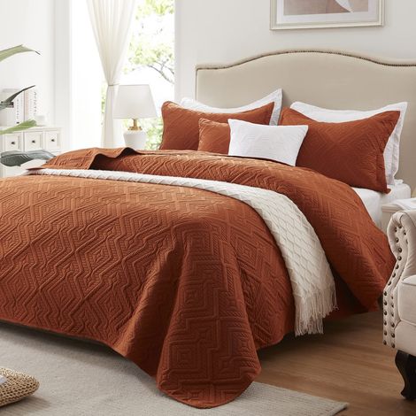 Parure de lit 3 pièces, couvre-lit d'été léger en microfibre douce, pour toutes les saisons (comprend 1 couette, 2 couvre-oreillers) pour lit double/grand lit, orange brûlé et rouille, 228,6 x (1/5)