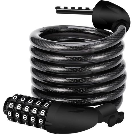 Cadenas antivol vélo noir, câble à code 5 chiffres pour portes de vélo, trottinettes, motos et remorques cyclistes (1/5)