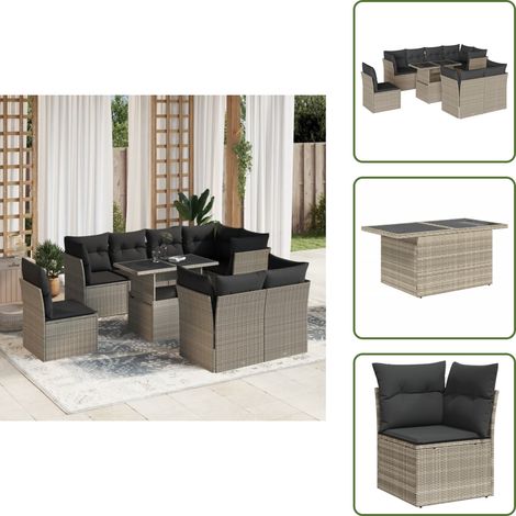 The Living Store Set Divano da Giardino 9pz con Cuscini Grigio Chiaro Polyrattan - Sedute angolari