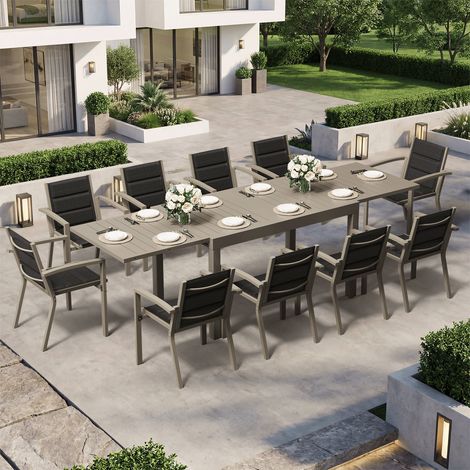 Ensemble Table Chaise Jardin 10 personnes, Table Jardin Chaise en Aluminium, 10 Chaises Jardin Empilables et 1 Table Jardin Extensible (130/260 cm), Imperméable, Antirouille, Tout Temps, Marron