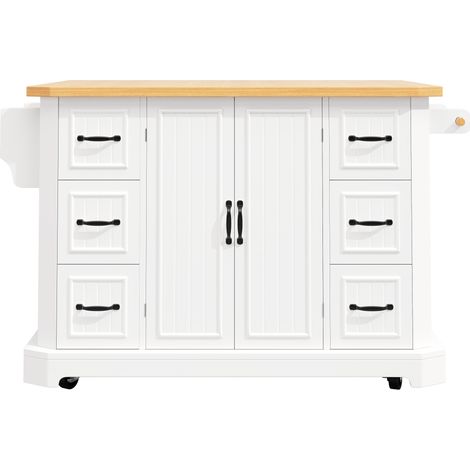 Îlot de cuisine mobile avec 2 portes et 6 tiroirs, 120x45x91 cm, MDF blanc/noir avec plan de travail effet bois (1/5)