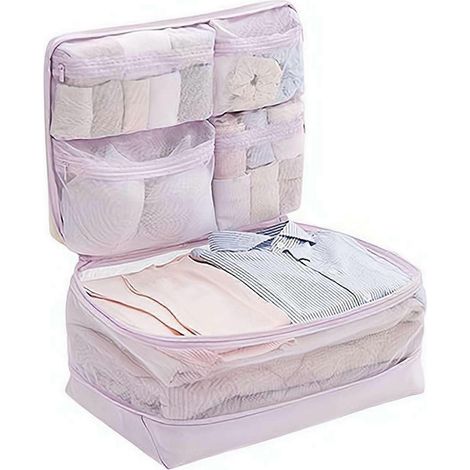 Cube de rangement compressible 5 en 1 organisateur de bagage suspendu 4 compartiments vêtements/sous-vêtements valise voyage lavable machine violet (1/5)