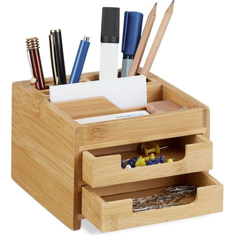 Organiseur de bureau bambou distributeur de bureau porte-stylos 2 tiroirs HxlxP: 9,5 x 12,5 x 15 cm, nature (1/5)