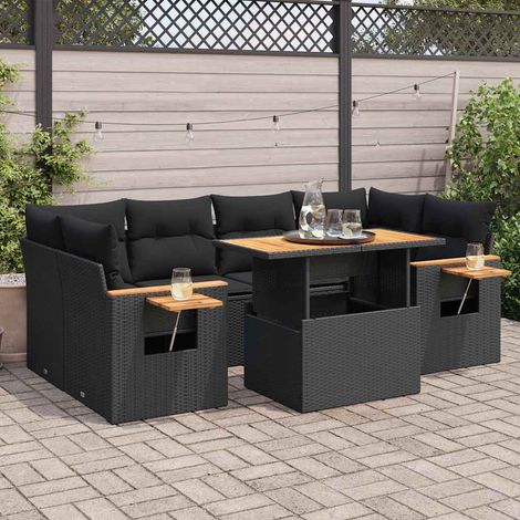 Set sofás jardín y cojines 7 pzas ratán sintético acacia negro vidaXL