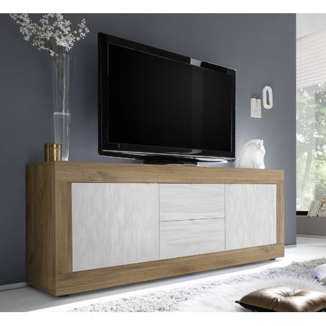 Meuble TV noyer et blanc 2 portes - 2 tiroirs 210cm CALIA 2 (1/5)