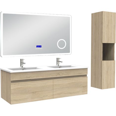 Ocean Ensemble meuble 120 cm Chêne Wotan, lavabo céramique + colonne haute + Miroir salle de bain Bluetooth avec 3 couleurs dimmable, suspendu