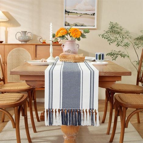 Camino de mesa bohemio de algodón y lino con borlas，35x240cm Mantel tejido a cuadros grueso y sencillo，Mantel para uso diario，bodas y vacaciones (1/5)