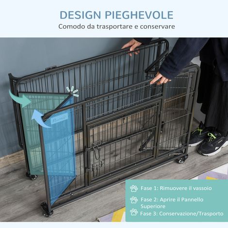 Cuisson pliable pour chien avec double portes et verrou, 4 roues freinées, fond amovible, 94x58x69.5 cm, gris (1/5)