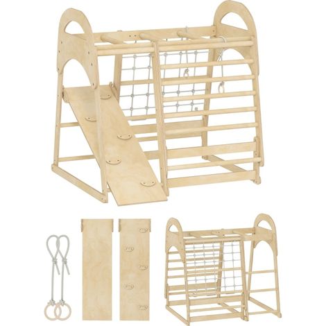 Struttura da arrampicata per interni 6 in 1 in legno con scivolo, rete, scala e barra di arrampicata (1/5)