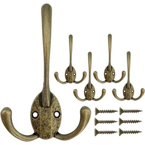Vintage Wall Hooks, 5 Hooks Triple Metal Wall Hook for Hanging Clothes Jackets Bathrobes Towels Hats Keys Bags, Bronze (1/5)