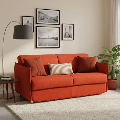 Sofá Cama 3 Plazas Gravere, Desenfundable, Almacenamiento Hecho en Italia, Lavable, 200x95 cm Naranja (1/5)