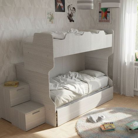 Letto a castello salvaspazio con scala a cassettoni e camminatoio - Rovere rock
