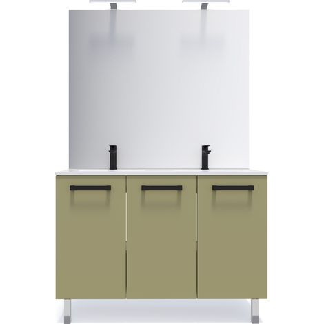 Meuble de salle de bain suspendu avec pieds double vasque intégrée 120cm 3 portes Vert olive + miroir - Chelsea (1/5)