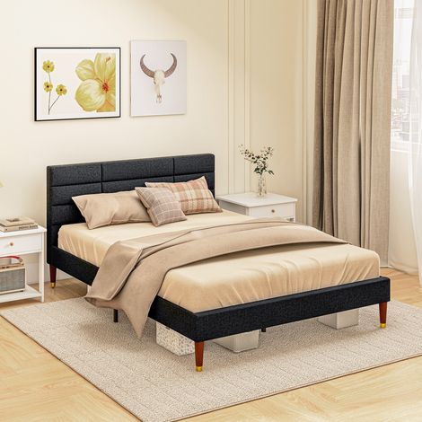 Cadre de lit double 2 personnes avec sommier à lattes et tête de lit capitonnée compatible matelas 140 x 200 cm noir