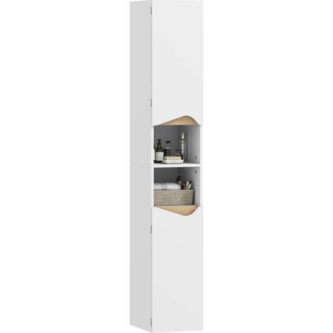 Armoire de salle de bain étroite et haute avec 2 portes et 2 compartiments ouverts, dimensions 30 x 34,6 x 182 cm, couleur blanc