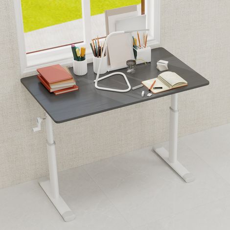 Bureau réglable en hauteur gris en métal et bois avec manivelle et structure stable (1/5)