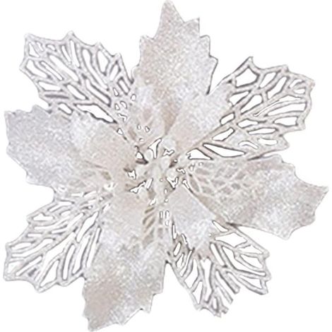 Sollbry Lot de 10 fleurs de poinsettia artificielles à paillettes de 6,3 pouces, fleurs de Noël blanches artificielles, fleurs pour arbre de Noël, couronne, ornements d'arbre (1/5)