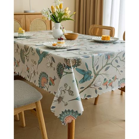 Nappe rectangulaire en tissu 135 x 200 cm, imperméable et oléophobe, lavable, pour cuisine et salle à manger (oiseaux et fleurs) (1/5)