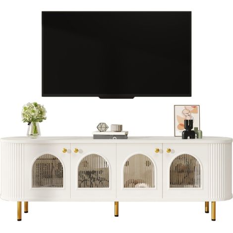 SOGES Meuble TV bas avec portes vitrées, meuble de rangement pratique pour le salon, poignées et pieds dorés,Blanc (1/5)