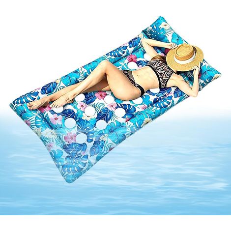 Lit de piscine gonflable à motif de feuilles tropicales avec appui-tête Fauteuil flottant gonflable en PVC pour toute la famille, hommes et enfants, bronzage, sports nautiques, vacances à la plage