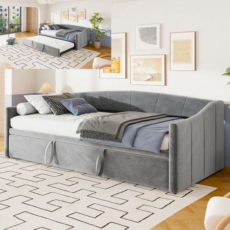 Lit gigogne 90x200 cm - DANS LES NUAGES - Canapé lit extensible - Tissu velours - Style moderne - 2 places