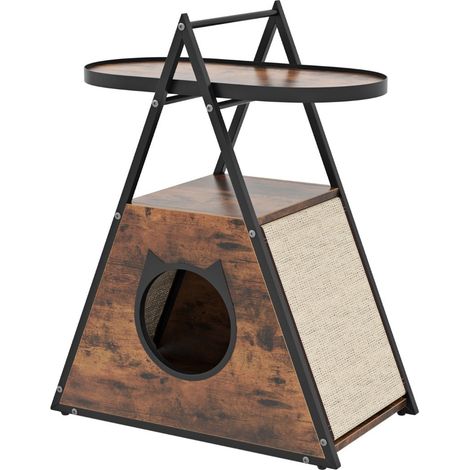 Mobile per gatti con tana privata e tavolino laterale 60 x 33 x 76 cm stabile e multifunzionale in legno marrone e nero 200012777