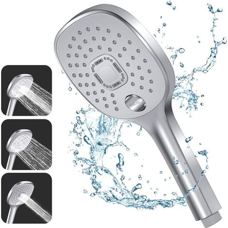 Shower Head, 3 Jet Types with Durable Handle and Eco-Friendly Silicone Nozzle, Large Silver Shower Head (Hoseless Shower Head) (1/4)