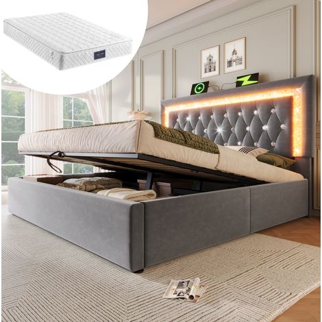 Lit rembourré 140x200 cm gris en velours avec LED, station de charge USB/Type-C et coffre de rangement (1/5)
