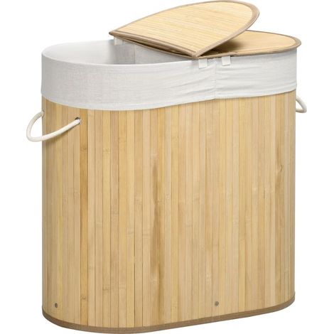 Panier à linge en bambou 100L avec 2 sections couvercle et sac amovible 62,5 x 37 x 60,5 cm - naturel (1/5)