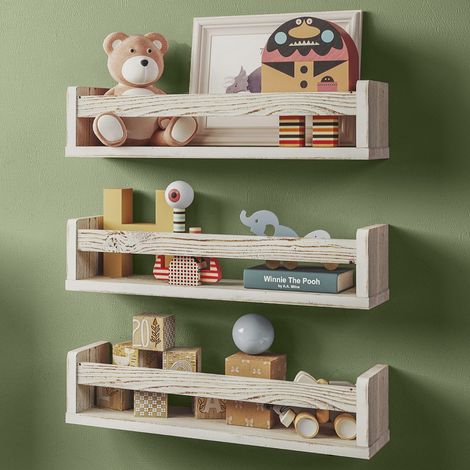 Lot De 3 Étagères Murales en Bois, Bibliothèque Montessori Rangement Tablette Livre pour Chambre et Décoration Enfant. 41 cm, Blanc Rustique (1/5)