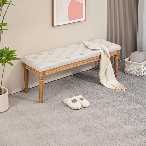 Banco tapizado con capitoné, banco de cama, diseño vintage, 120x41x48cm, blanco crema.
