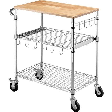 Chariot de Cuisine, 3 Niveaux, Table de Travail en Acier, Plateau Bois, Poignée, Roulettes, 300 kg, 76x46x91 cm (1/5)