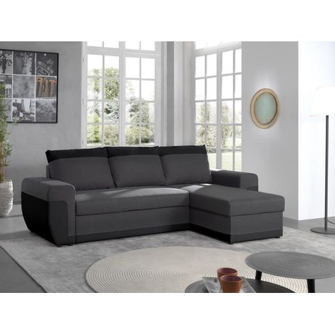 Bestmobilier – Canapé d'angle réversible 4 places convertible – Coffre de rangement – Tissu 100% polyester et simili noir/gris – Fabrication européenne (1/5)