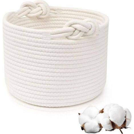Panier à linge en coton tissé avec anses en corde de coton, empilable et polyvalent pour vêtements, jouets, serviettes – idéal pour salon, chambre à coucher (blanc) (1/5)