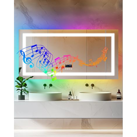 Specchio Bagno Led con Bluetooth Orologio 140x70 cm Retroilluminato + Frontale Luce, Antiappannamento, 3000K-6000K, Dimmerabile, Memoria (1/5)