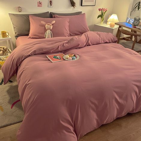 Dicke, einfarbige Bettwäsche aus gebürsteter Baumwolle im INS-Studentenstil – 4-teiliges Set mit Spannbettlaken 180x200 cm, Farbe Altrosa-lsw