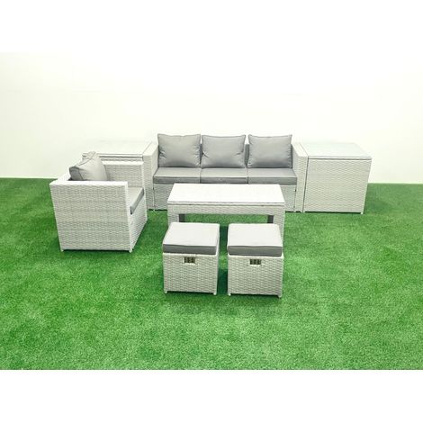 Fimous Salon de Jardin Ensemble Ensemble de canapés en rotin avec Table basse 2 Petits tabourets 2 Tables d'appoint Gris clair mixte (1/5)