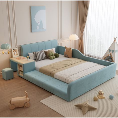Lit 140x200 avec bureau et tabouret velours bleu HAVRYA (1/5)