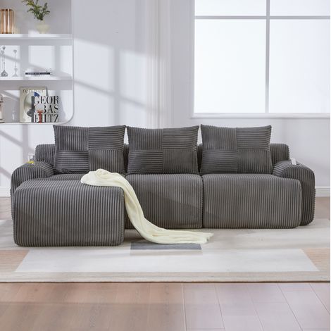 Divano modulare 268x174x80 cm in tessuto grigio scuro, con portabicchieri, per soggiorno – MEUBLIV (1/5)